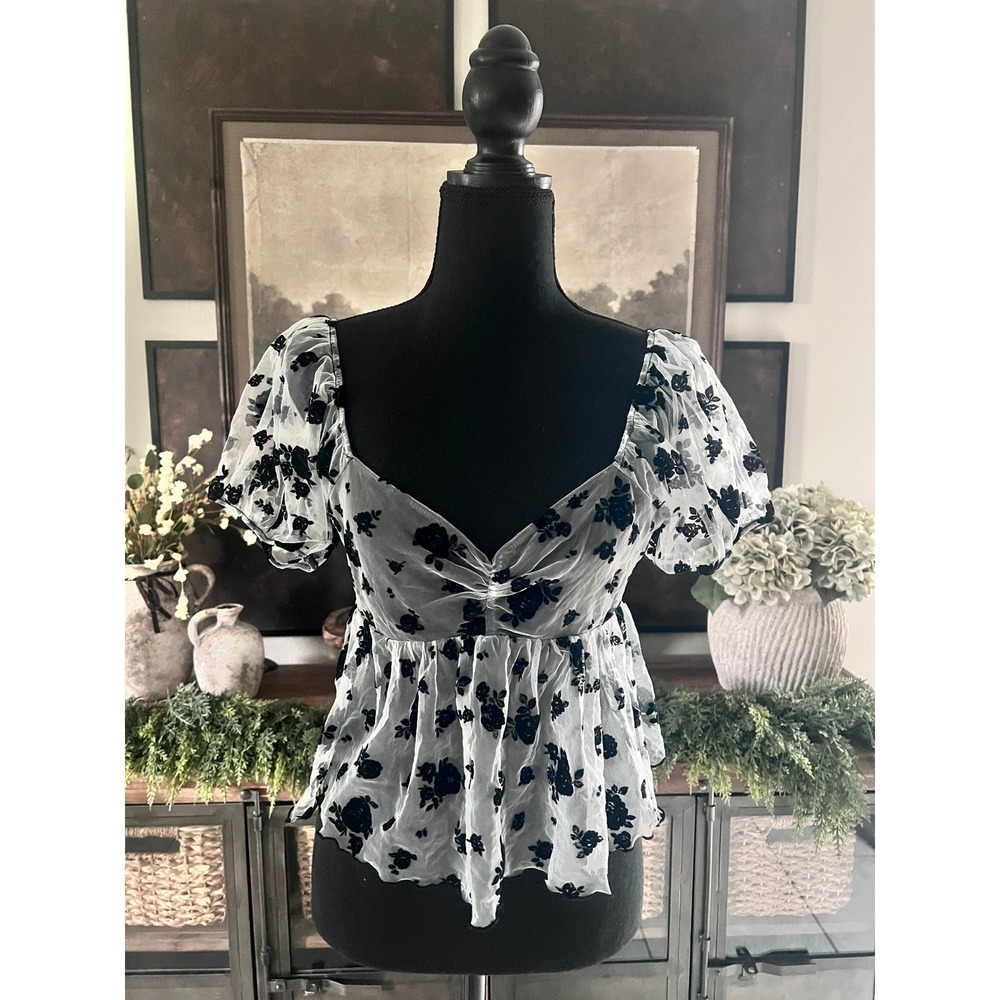 Forever 21 Women Black White Floral Mesh Puff Sleeve Babydoll Blouse Small